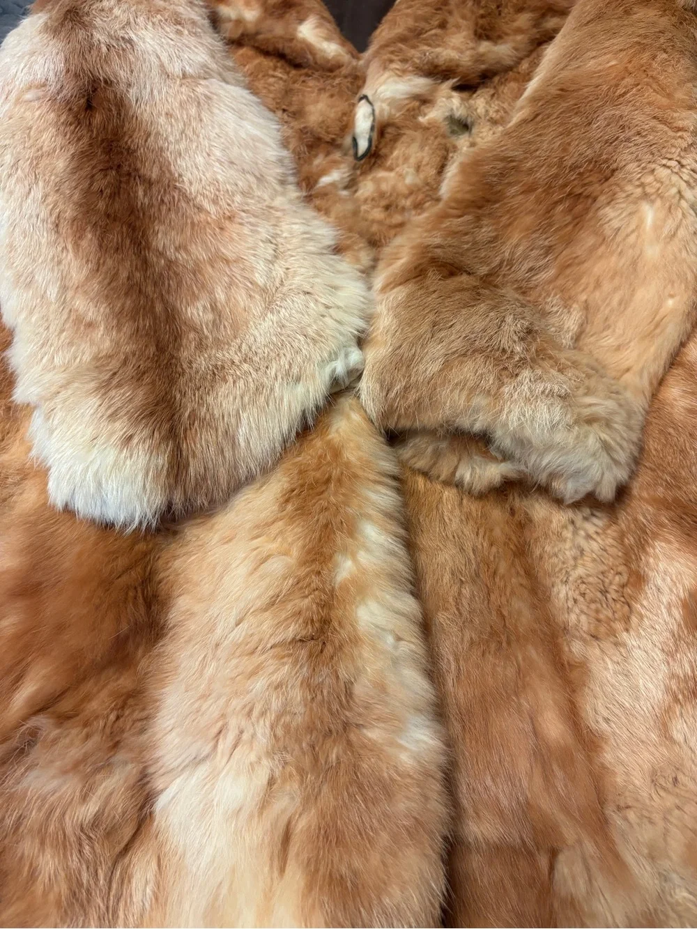 Vtg 70s Pizitz Real Rabbit Fur Caramel Brown Trench Belted Coat Jacket Size XS/S